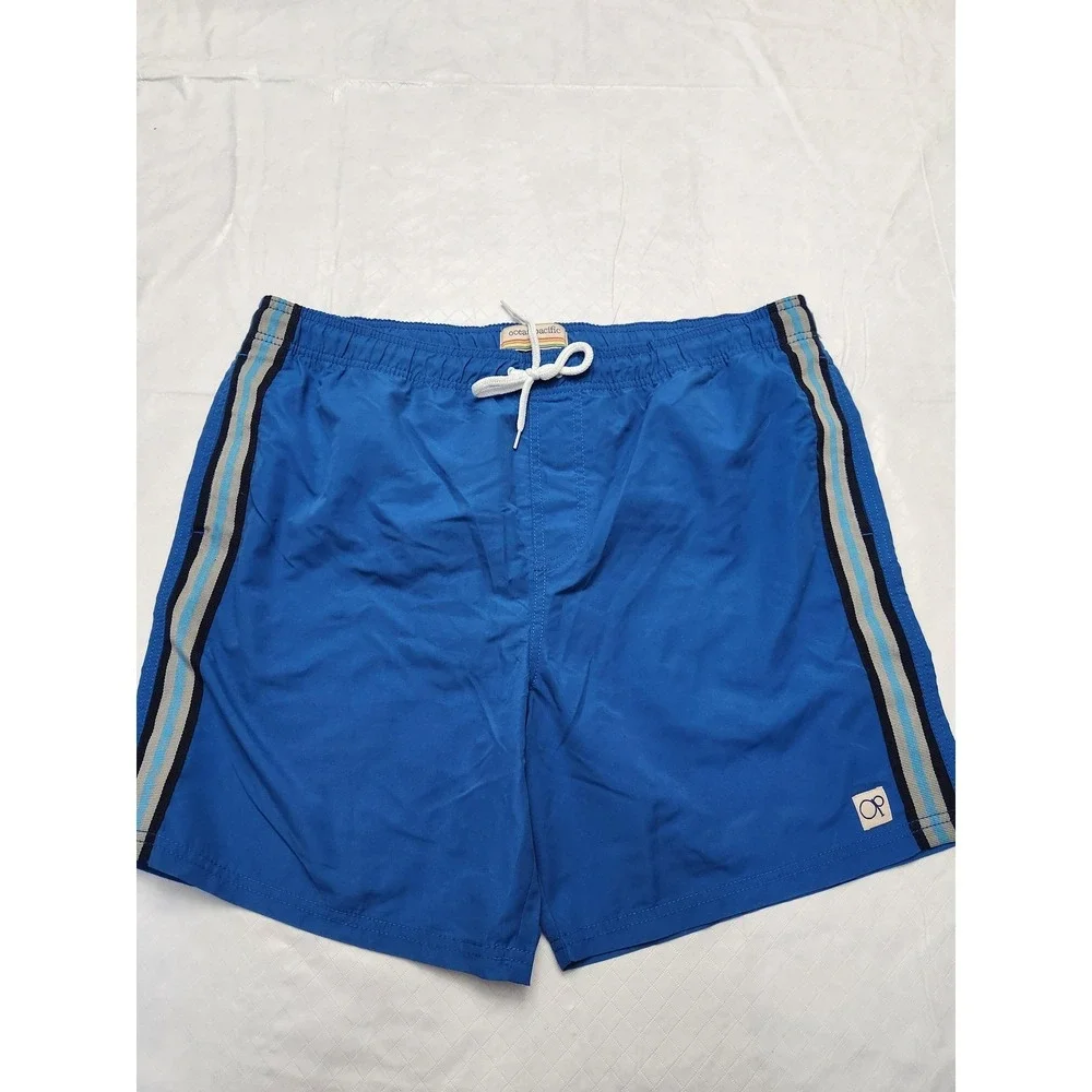 Ocean‎ Pacific Swim Shorts Mens XL Blue Side Stripe Lined Drawstring Trunks